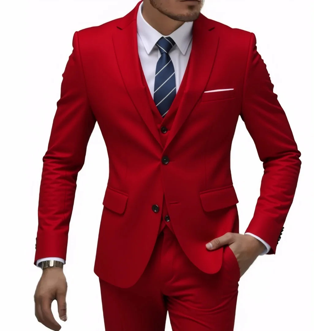Men's casual 3-piece suit by Showlu Fashion with solid colors, including blazer, trousers, and vest, in a basic style.