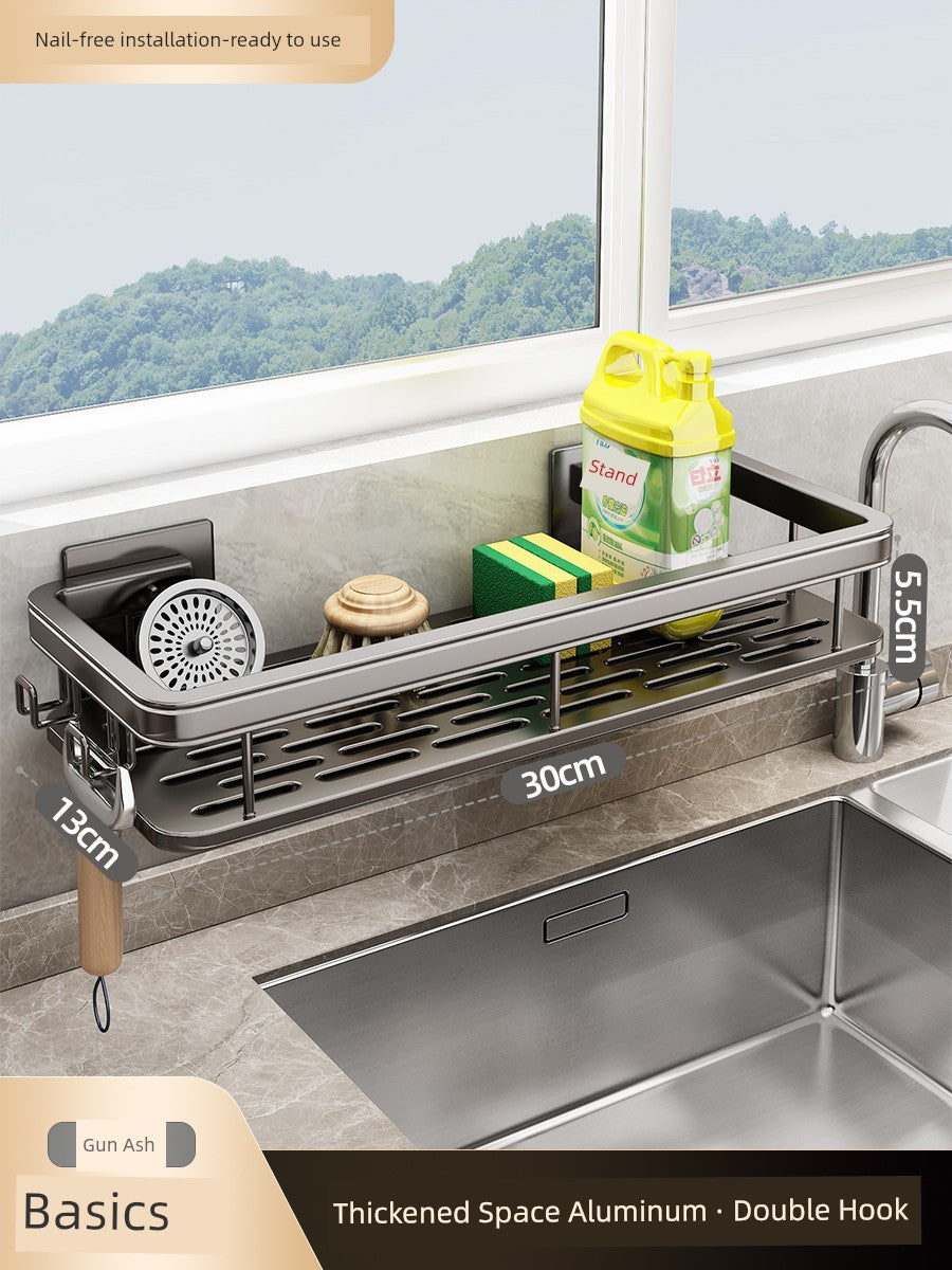 Aluminum wall-mounted kitchen seasoning rack with punch-free design, shown mounted on a wall for organized spice storage.