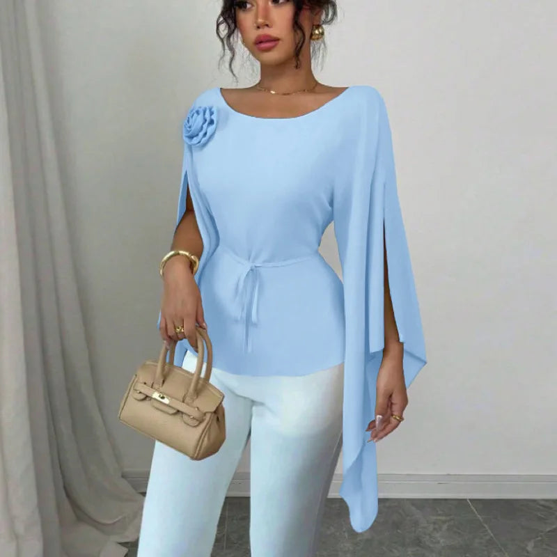 Showlu Women's Autumn long sleeve slit waist shirt with slash neck, elegant design, in a stylish fall fashion look