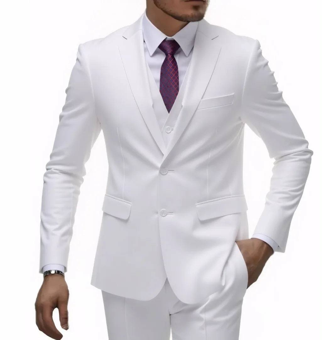 Three-piece men's casual suit set with two-button blazer, trousers, and vest in 13 solid colors, by Showlu Fashion.