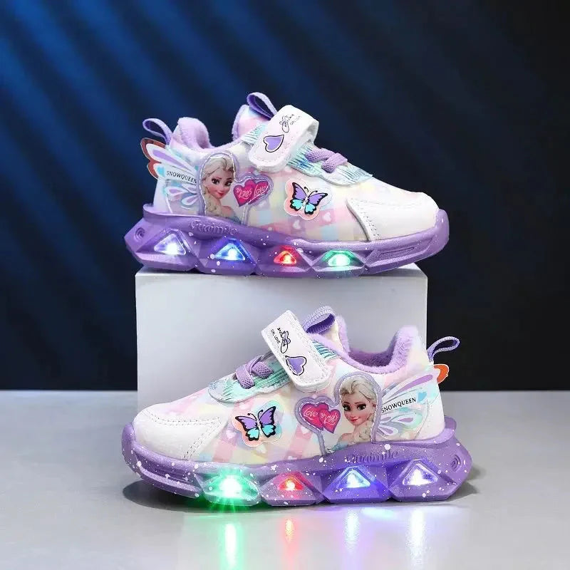 Pink Disney Frozen Elsa girls' LED lighted sneakers made of PU leather with character details and glowing accents.