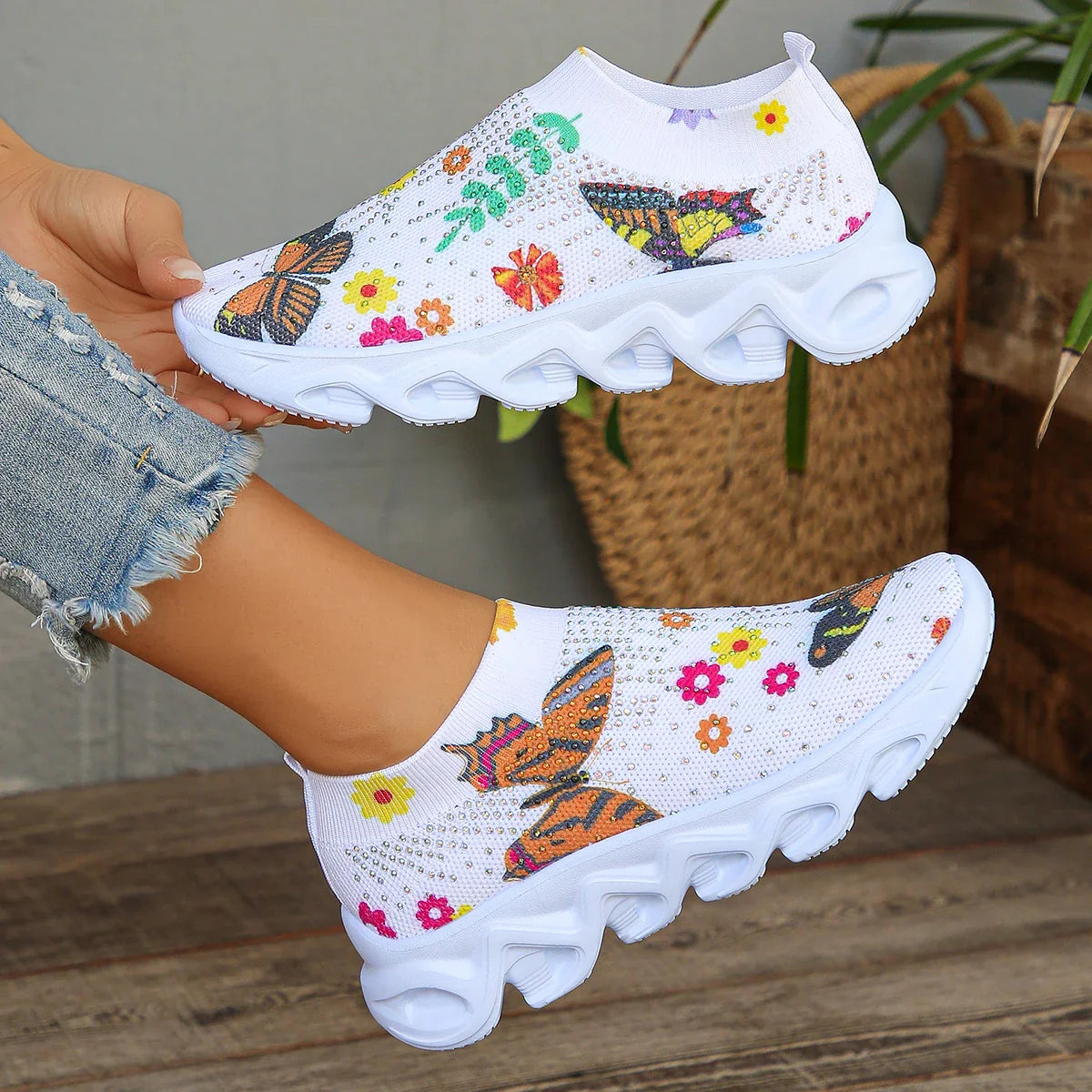 SHOWLU FASHION STORE Rimocy women's crystal butterfly mesh slip-on sneakers with breathable flats and decorative butterfly accents.