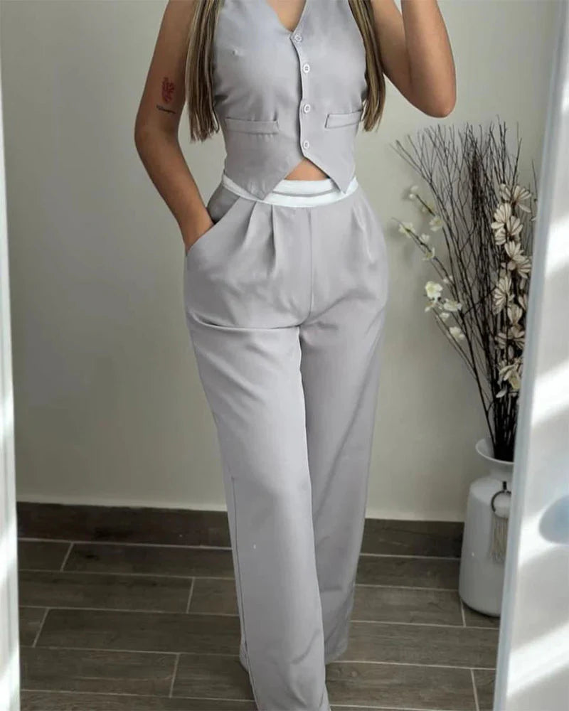 SHOWLU Women's two-piece set with V-neck buttoned vest and pocket pants, stylish and comfortable casual outfit.