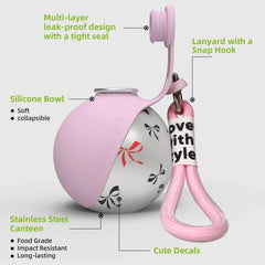 A portable stainless steel dog water bottle with a pink silicone bowl and a matching lanyard.