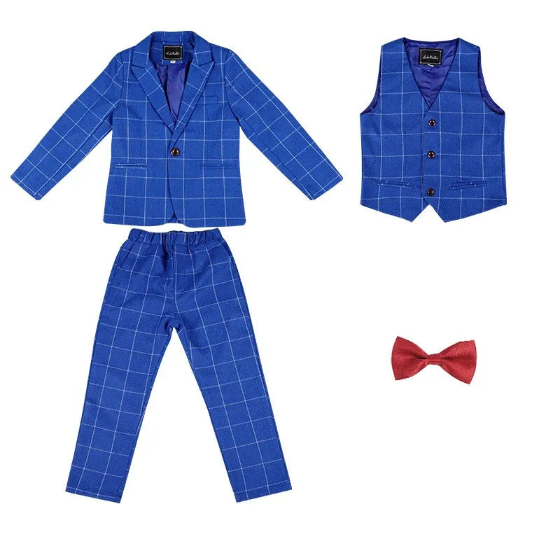 Dark green boys' formal wedding suit and tuxedo set by SHOWLU FASHION STORE, includes jacket, pants, shirt, and bow tie.