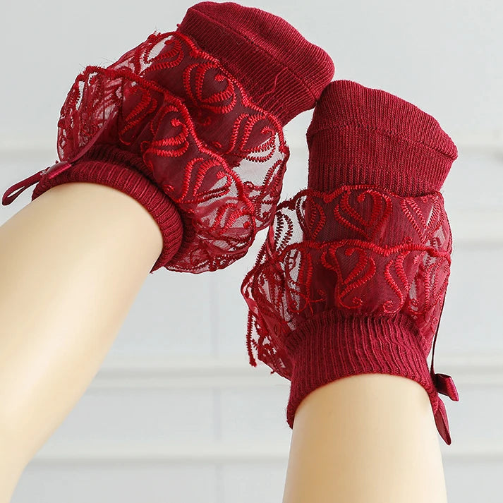 Toddler cotton lace ruffle princess mesh socks in candy colors, breathable ankle short socks for 0-2 years old children.