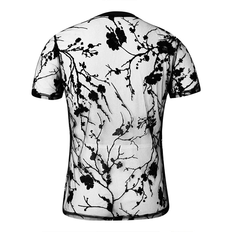 Summer Men's Clothing Mesh Lace Knit T-shirt Streetwear Hollow-Out O Neck Sweater Short Sleeve Tees Rose Printed Luxury Knitwear