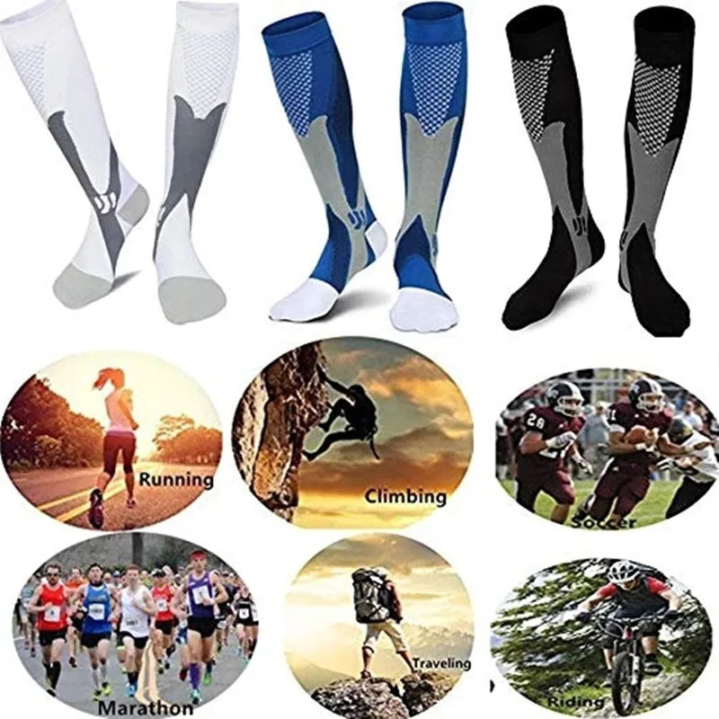 Black compression socks for men and women by Showlu Fashion, designed for football, sports, fatigue relief, and pain reduction.