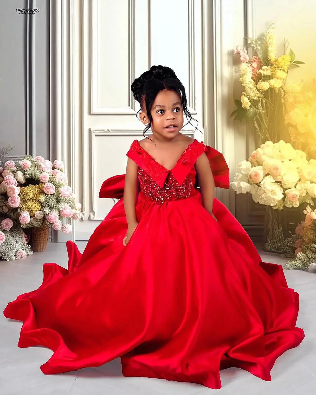 Red Flower Girl Dresses For Wedding Satin Beaded With Bow Floor Length Kids Birthday Party First Communion Ball Gown Customized