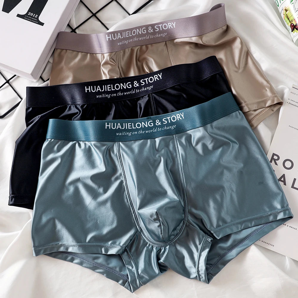 Showlu Men's Ice Silk Boxer Shorts in a 3-pack, breathable mesh underwear with a comfortable fit.