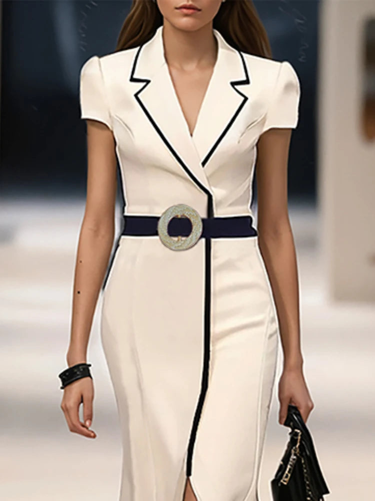 Showlu Fashion Gymystars women's high-low office dress with belt, solid color, lapel, perfect for summer work attire.