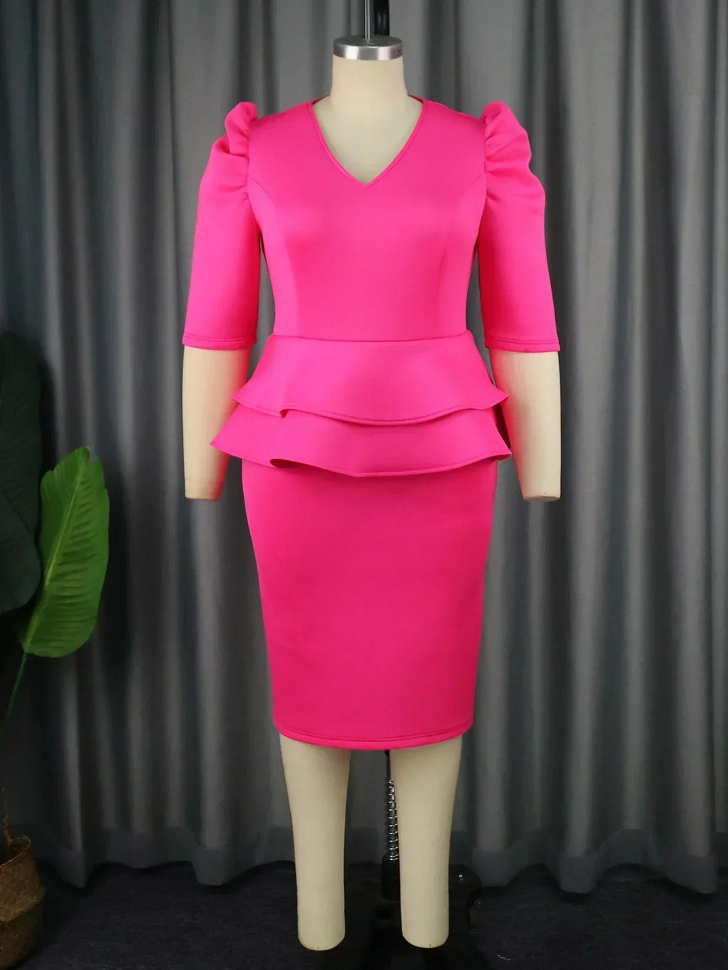 Elegant plus size church dress for women featuring ruffle peplum waist, V-neck, sheath style, suitable for formal occasions and weddings.