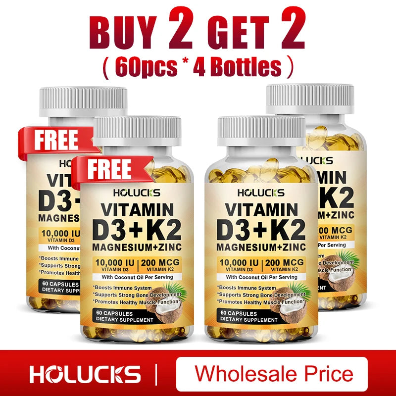 Vitamin D3 K2 Capsule, with Coconut Oil, Promotes Strong Bones, for Teeth,Heart Cardiovascular Health, Magnesium+Zinc Supplement