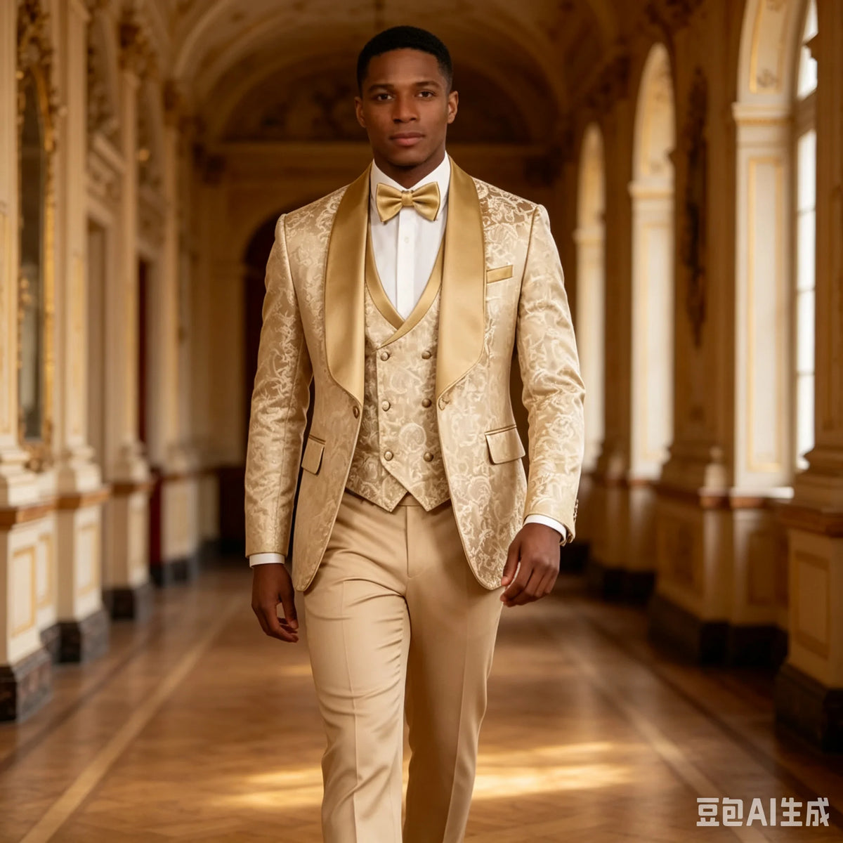 Elegant Champagne Jacquard 3-Piece Men's Tuxedo Formal Business Blazer with Shawl Lapel Wedding Groom Jacket Vest Pants Set