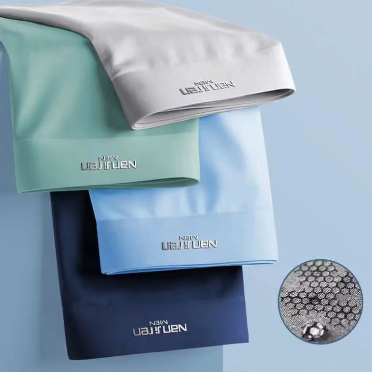 Set of 4 men's ice silk boxer shorts featuring breathable, thin fabric with U-convex design in assorted colors, sizes L to 6XL.