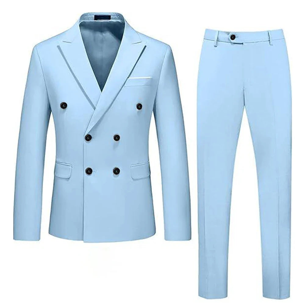Sky blue double-breasted men's suit by SHOWLU FASHION STORE, slim fit 2-piece formal set with notch lapel and tailored design