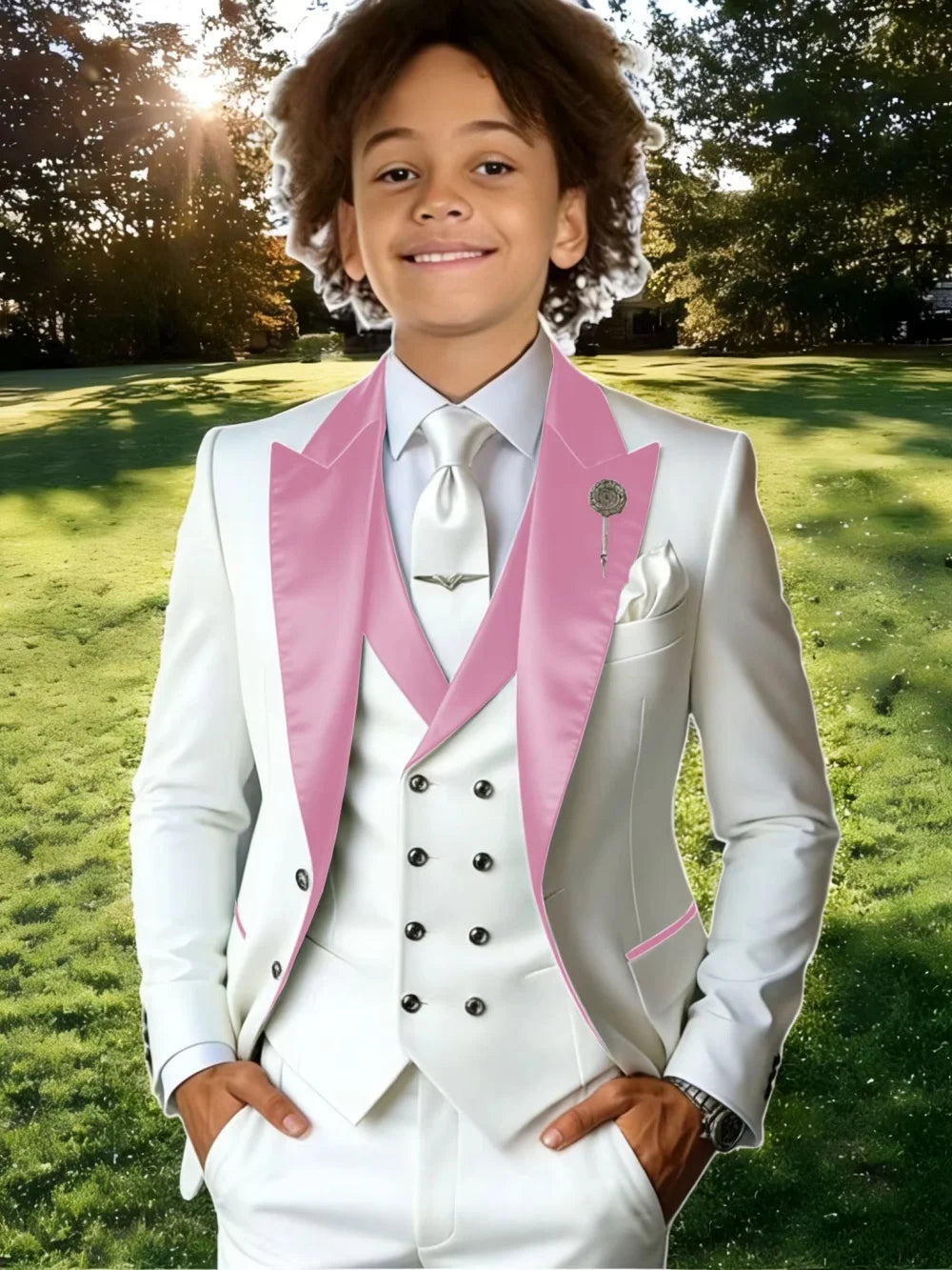Showlu Smart General kids' three-piece suit set with classic peak lapel, suitable for stage performances and school activities.