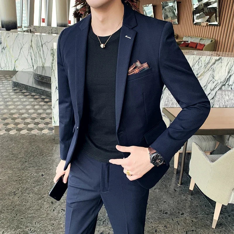 ( Blazer + Pants ) High-end Brand Formal Business Plaid Mens Suit Groom Wedding Dress Solid Color Stage Performance Tuxedo S-7XL SHOWLU FASHION STORE