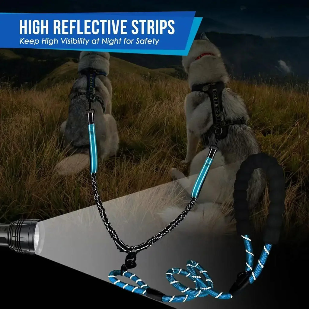 Reflective double dog leash by Showlu Fashion Store, no-tangle nylon dual leash with reflective strips for walking two dogs safely.