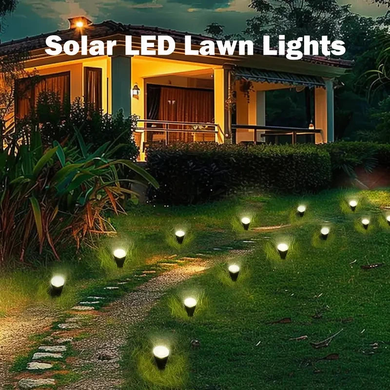 Solar LED garden pathway lights with 8 modes, outdoor landscape lighting by Showlu Fashion Store, shown illuminating a garden path.