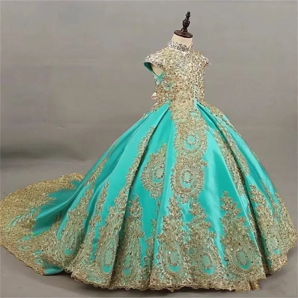Showlu Fashion Girls' sleeveless ball gown with gold lace embroidery and long train, elegant princess dress for special occasions.
