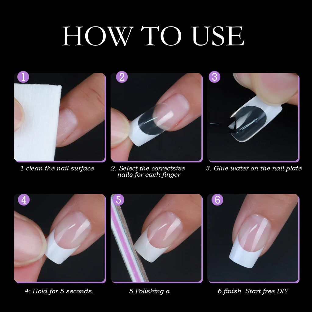 Set of 120 acrylic French false nails by Showlu Fashion Store, medium length square full cover nail tips, mixed sizes, removable press-on nails.