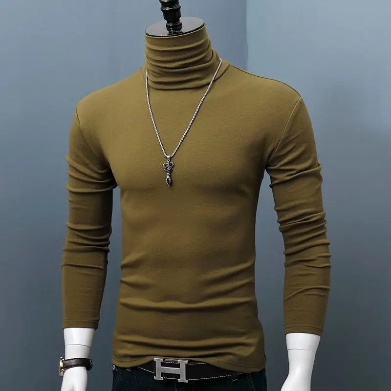 Men's dark red stretch turtleneck long sleeve casual top, classic autumn winter style, plus size, shown on a young man.