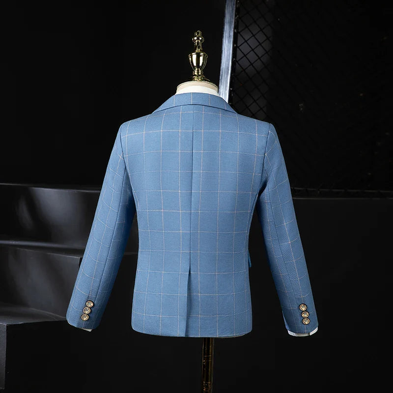 PsyMonster boys' 4-piece plaid wedding suit set featuring a blazer, dress shirt, vest, and pants for kids formal occasions.