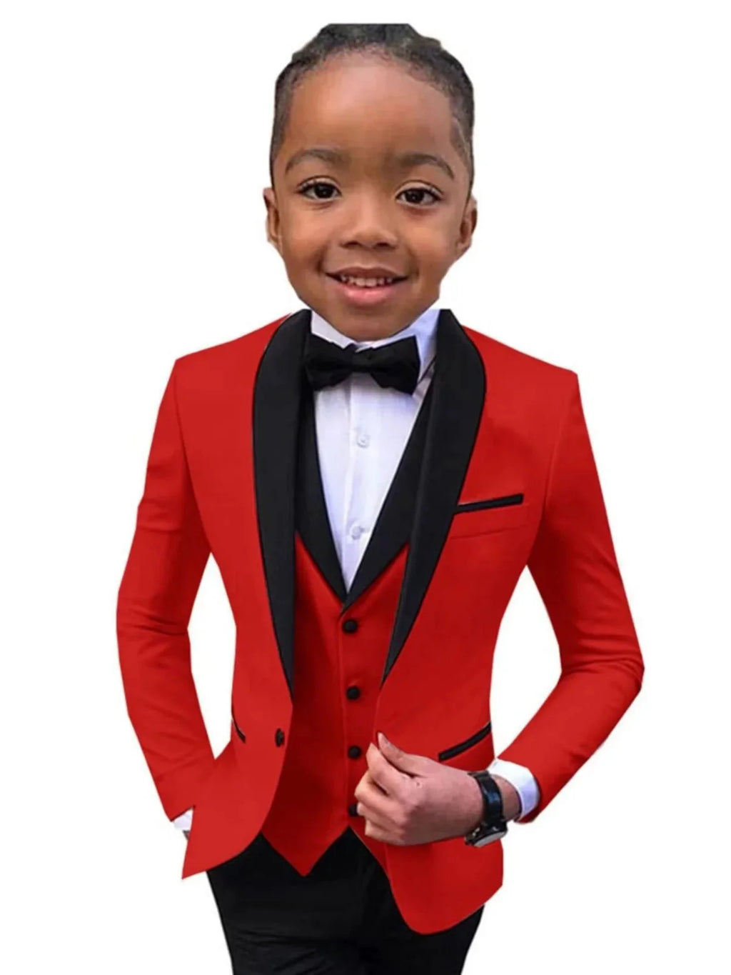 PsyMonster boys' slim fit white suit with jacket, vest, pants, and bowtie, shown on a child model