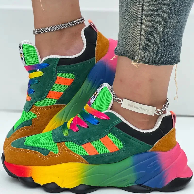 Colorful lace-up women's platform sneakers by Roar Uthaug for running and casual wear, featuring vibrant design and comfortable sole.