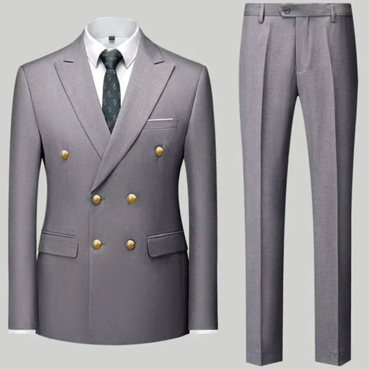 2 Pcs Fashion New Men's Casual Boutique Double Breasted Suit Trousers / Man's Business Suit Jacket Blazers Coat Pants Set