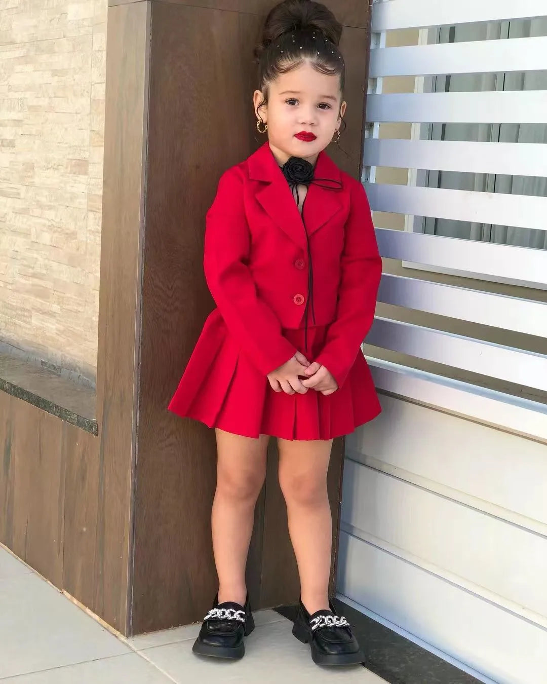 Girls winter 2-piece set by Showlu Fashion Store featuring a long sleeve jacket and matching skirt in cozy, stylish design.