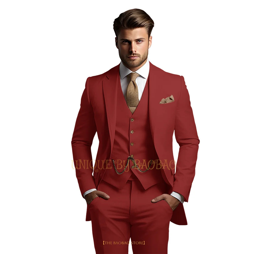 Men's grey 3-piece suit with jacket, vest, and trousers, stylish classic wedding and formal attire by Showlu Fashion Store.
