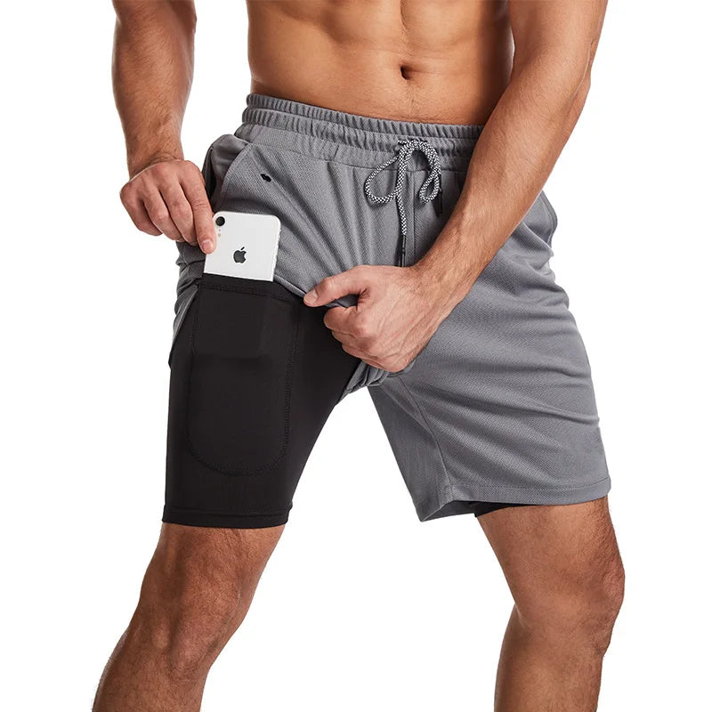 Men's camo running shorts from Showlu Fashion, 2-in-1 gym sports shorts with quick-dry fabric for workout and jogging.