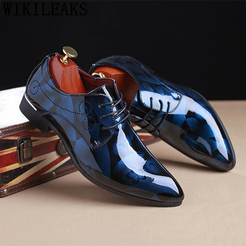 Men's floral pattern patent leather Oxford shoes by Showlu Fashion Store, ideal for formal weddings and dress occasions.