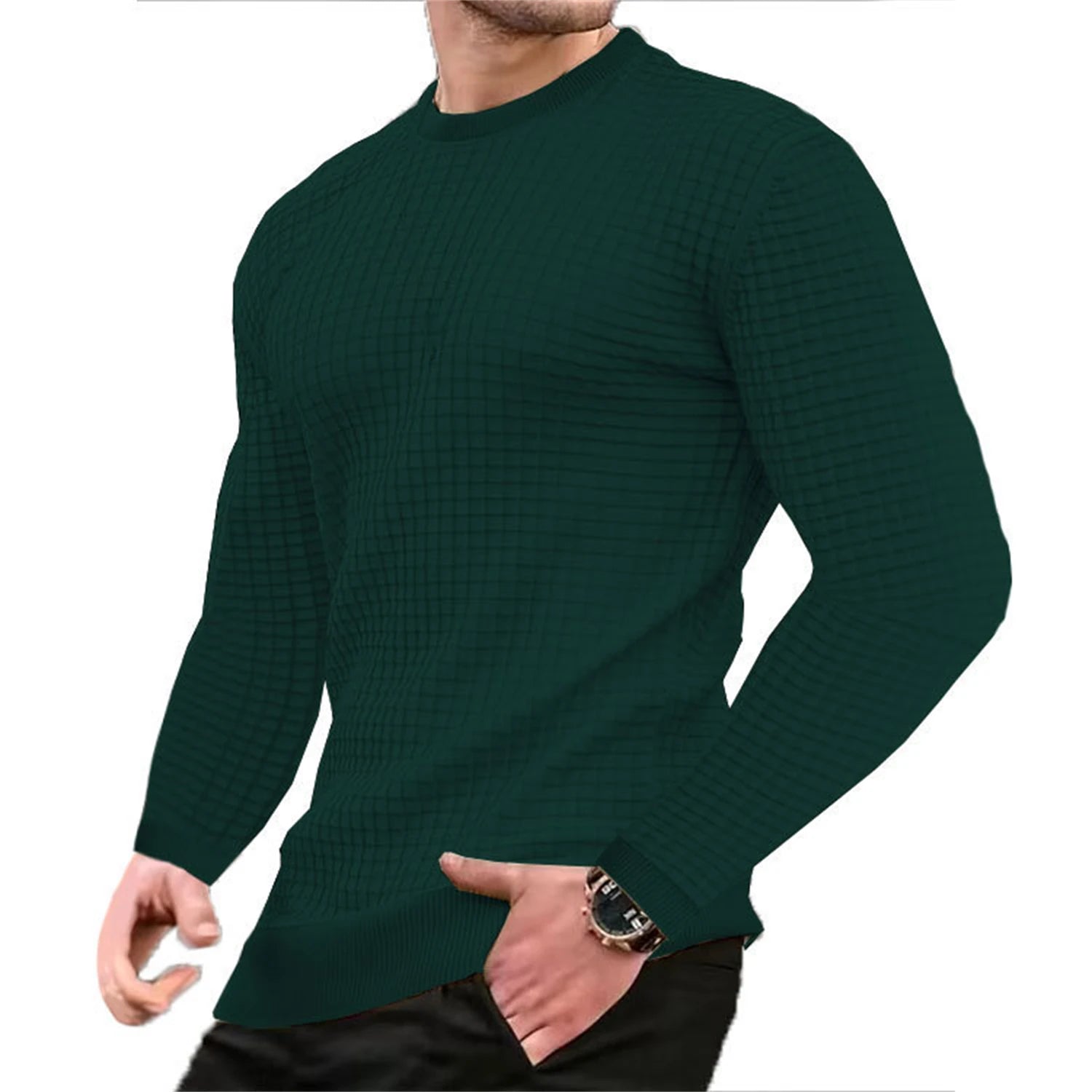 Men's check waffle hoodie with round neck and jacquard pattern, stylish men's coat by Showlu Fashion Store.