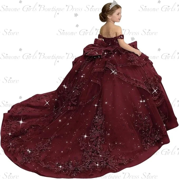 Princess Off Shoulder Flower Girl Dress for Wedding Kids Lace Appliqued Tulle Pageant Dress Customized Birthday Party Ball Gown