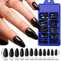 Black matte almond press-on nails, medium acrylic tips, 100-pack by MAFANAILS, shown on a white background.