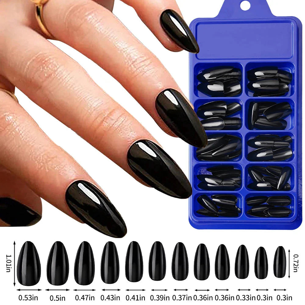 Black matte almond press-on nails, medium acrylic tips, 100-pack by MAFANAILS, shown on a white background.