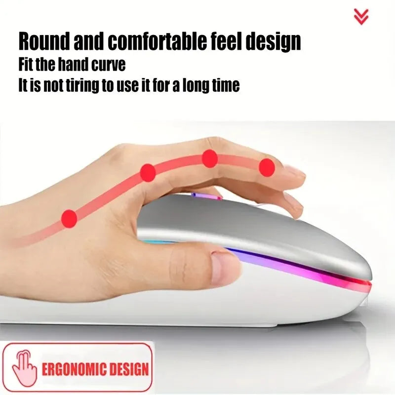 Wireless gaming mouse with backlit RGB lighting, ergonomic design, USB rechargeable, silent operation for laptop and PC.
