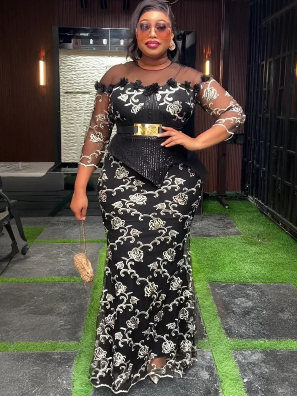 African sequin embroidery long party dress by Chamliforve featuring intricate sequin details and elegant design for special occasions