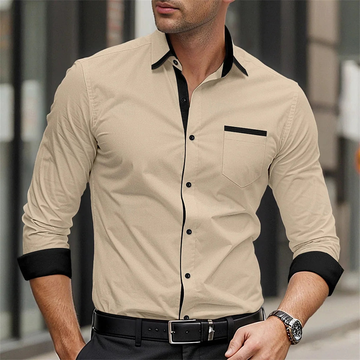 Men's solid color long sleeve formal button-up shirt with lapel, suitable for spring and autumn weddings and daily wear.