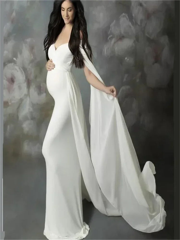 SHOWLU shoulderless chiffon maternity maxi gown designed for photography, flowing fabric and elegant style.