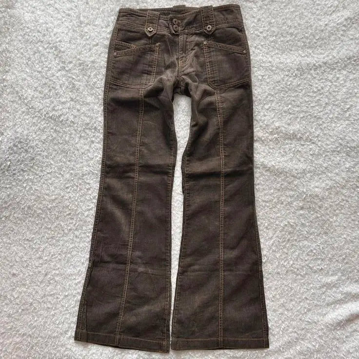 Y2K brown flared jeans for women with high waist, multiple pockets, retro goth style, slim fit denim trousers, Harajuku inspired