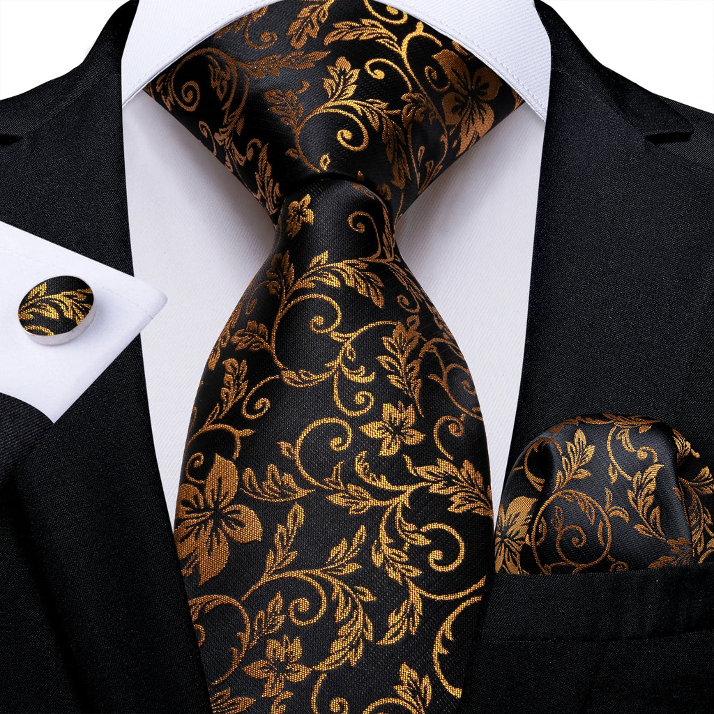 Gift Men Tie Luxury Gold Black Striped Paisley Silk Wedding Tie For Men DiBanGu Designer Hanky Cufflinks Fashion Tie Set