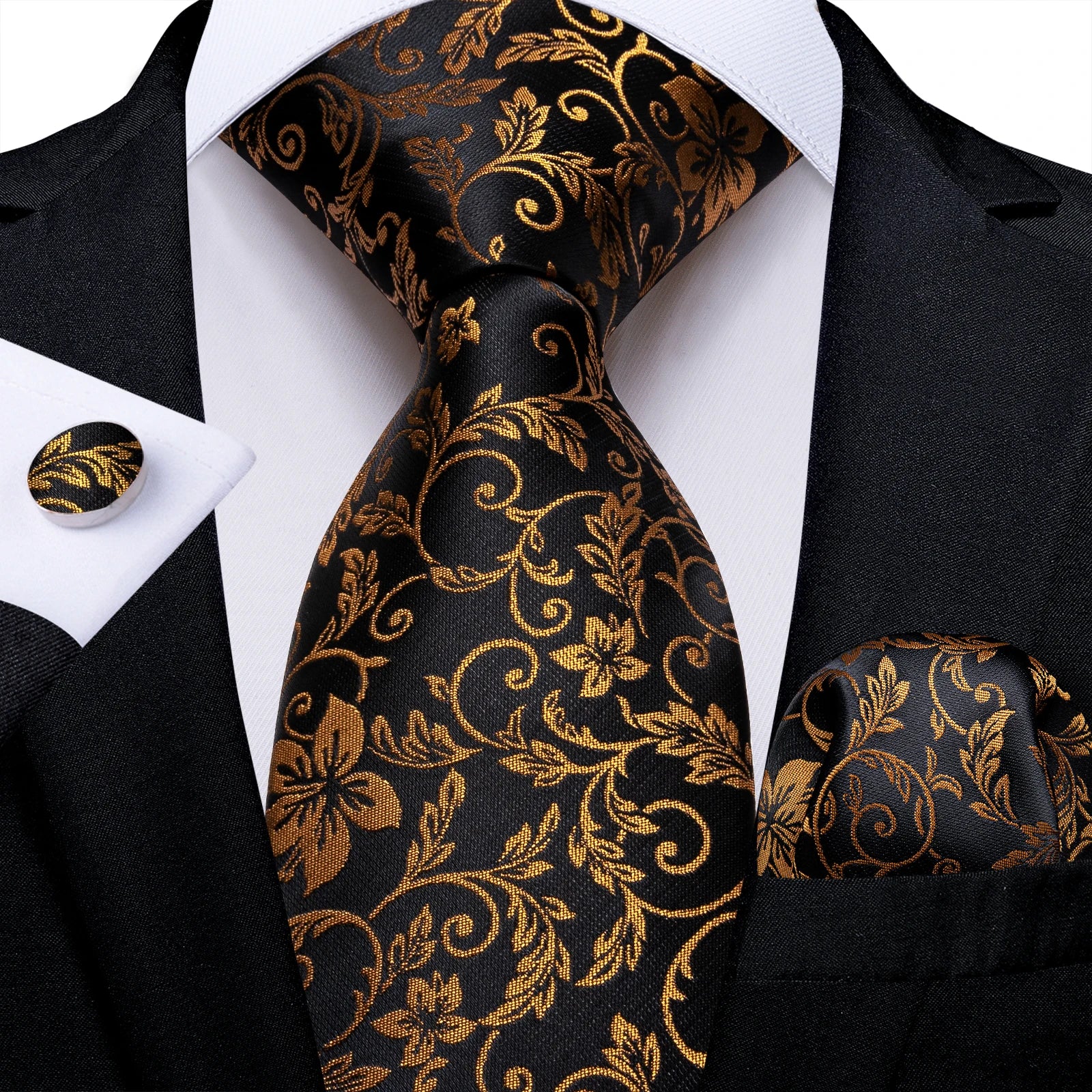 Gift Men Tie Luxury Gold Black Striped Paisley Silk Wedding Tie For Men DiBanGu Designer Hanky Cufflinks Fashion Tie Set