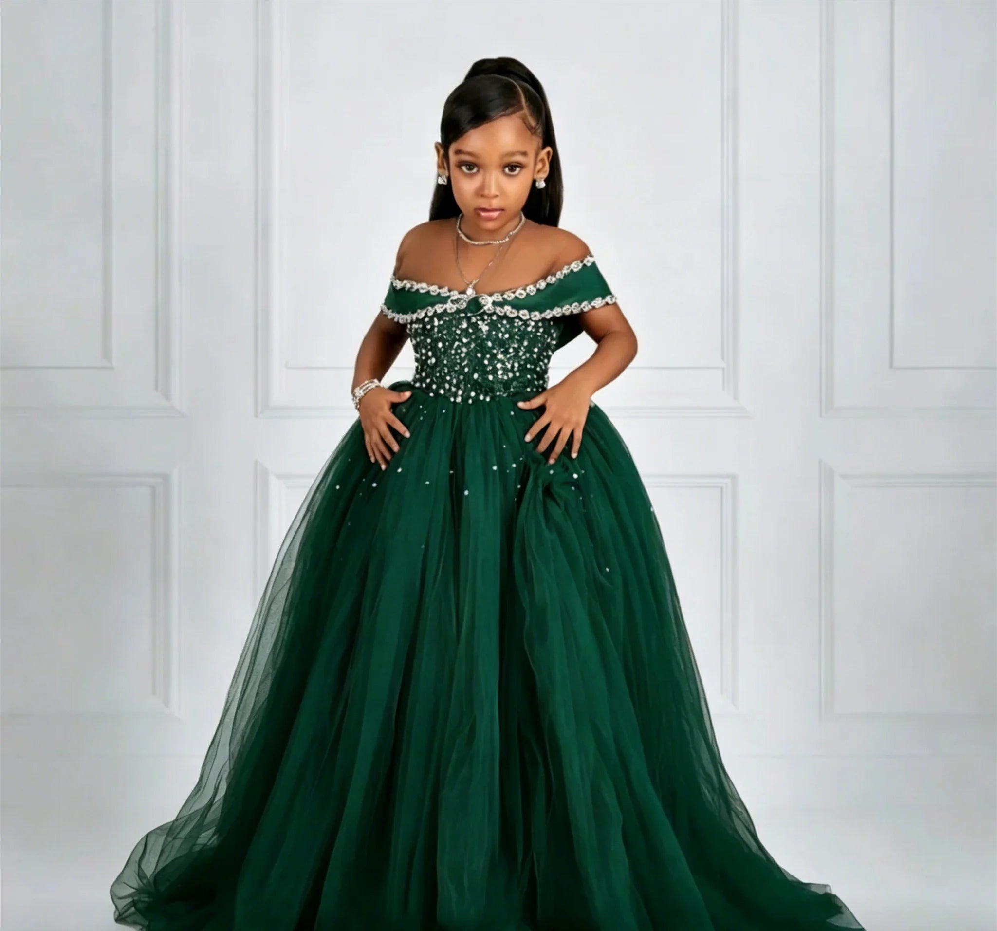 Luxury Customized Off Shoulder Flower Girl Dresses for Wedding Beading Tulle Floor Lenght Girls Birthday First Communion Gown