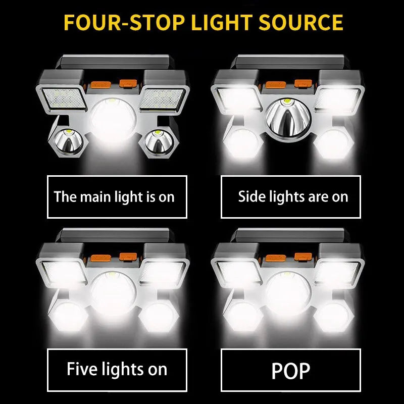 USB rechargeable Showlu Fashion Store 5 LED headlamp with built-in battery, portable camping and fishing headlight, working light torch
