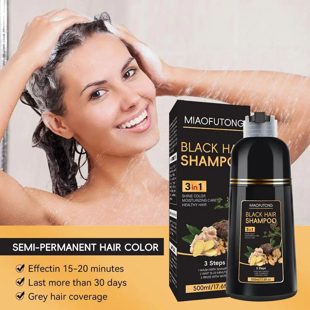 Polygonum Multiflorum 3-in-1 natural black hair dye shampoo bottle, 500ml, with label showing ingredients and brand name SHOWLU FASHION STORE