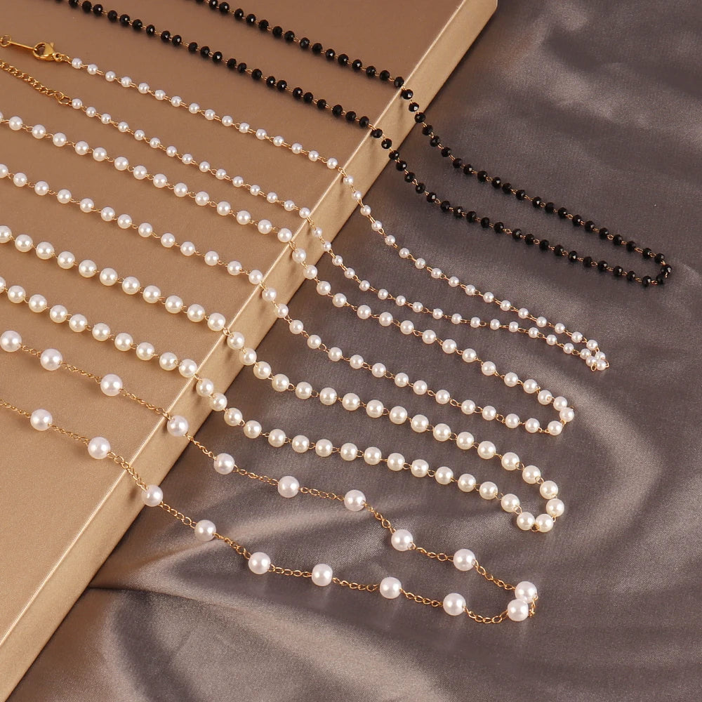 Simple pearl choker necklace for women featuring stainless steel strand bead chain, handmade fashion jewelry by Showlu.